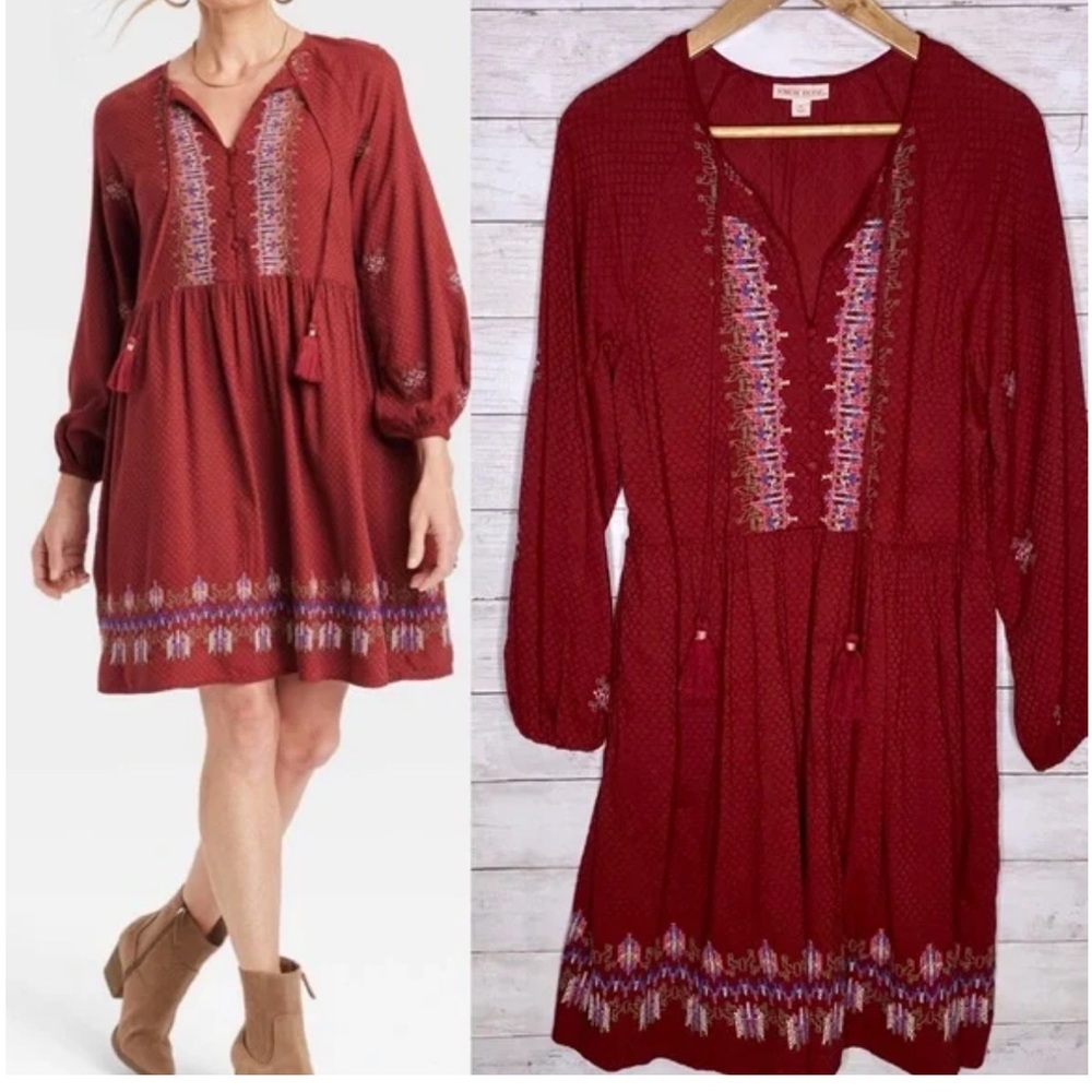 Women’s Balloon Long Sleeve Embroidered Dress Knox Rose Maroon